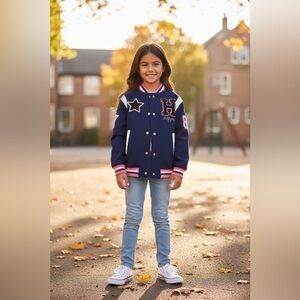 Tommy Hilfiger Girls Varsity Jacket Size 6–7 Blue Pink Letterman Coat